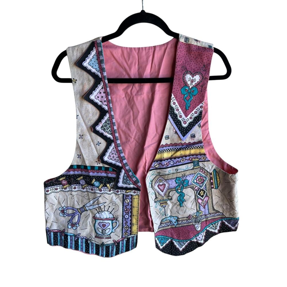 Vintage 80s Women's Classic Grandma 100% Cotton Vest Sewing Theme Print Size XL